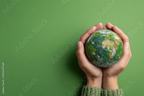 Many hands person holding the earth on a green background to protect nature Save and care World for sustainable. concept of the environment ecology and Earth Day