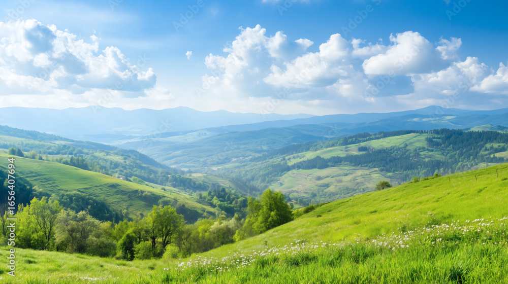 Naklejka premium Wide landscape of rolling green hills with clear blue sky, symbolizing harmony, ecology, and untouched rural nature.