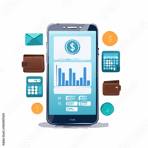 Fintech vector with holographic chart and wallet. Represents mobile banking, e-commerce, and financial innovation.
