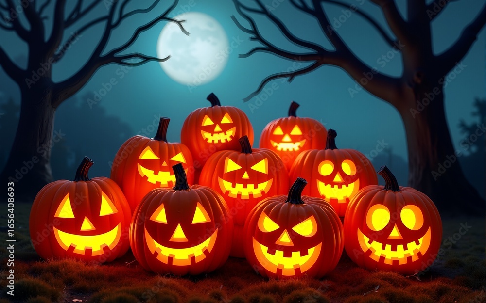 Fototapeta premium Large pile of glowing jackolanterns and pumpkins with a spooky tree halloween light isolated on a transparent background. High quality