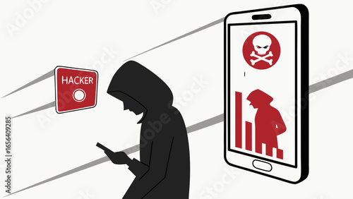 Silhouette Hacker Using Phone with Cyber Threat Displayed.