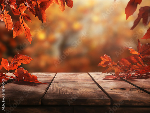 Rustic wooden table with autumn leaves and warm orange tones in the background, providing a seasonal fall-themed presentation surface with copy space for text, products, or creative content.