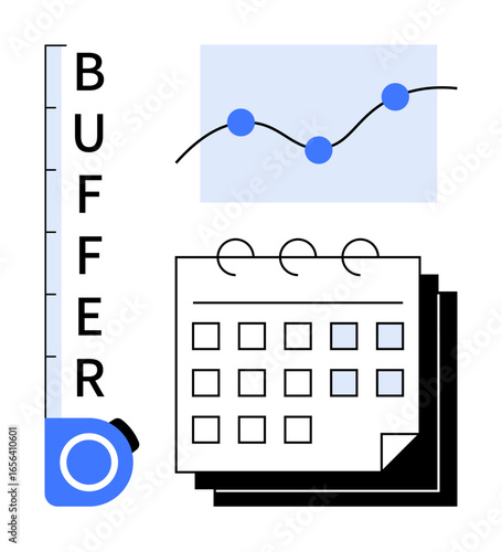 Calendar with highlighted dates, growth chart with progress line, and vertical buffer gauge. Ideal for time management, productivity, social media planning, goal tracking, data visualization