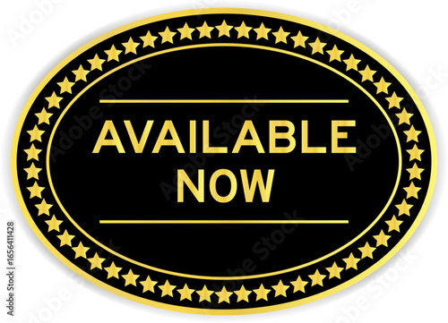 Black and gold color oval label sticker with word available now on white background