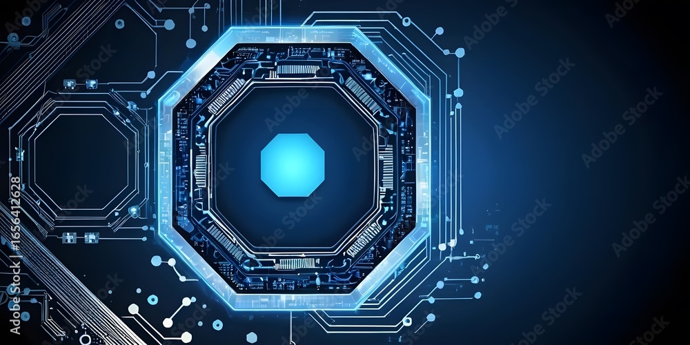 Fototapeta premium Futuristic Digital Circuit Board with Glowing Blue Hexagonal Core and Complex Electronic Patterns