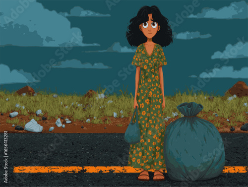 A woman in a green dress is standing on a road with a bag in her hand. The scene is set in a desolate area with a cloudy sky overhead. Scene is somber and lonely