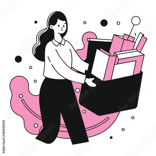Young female office worker carrying a full box of documents in a modern office setting. Female professional leaving the office with a large workload. Modern office environment -