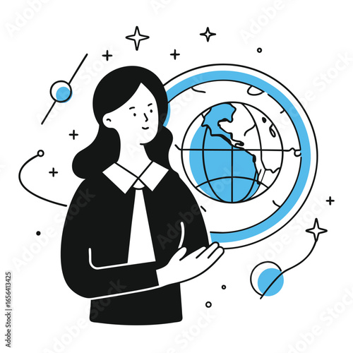 Young woman in business attire holding a globe in a space-themed background. Global professional, displaying expertise in an international setting.