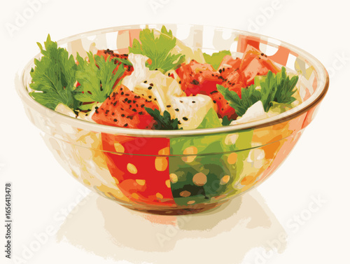 A bowl of salad with a variety of vegetables, including tomatoes, lettuce, and parsley. The bowl is colorful and has a polka dot design