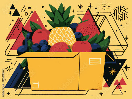 A box of fruit is shown with a colorful background. The fruit includes apples, bananas, and strawberries. The box is open, and the fruit is piled inside. Concept of abundance and freshness