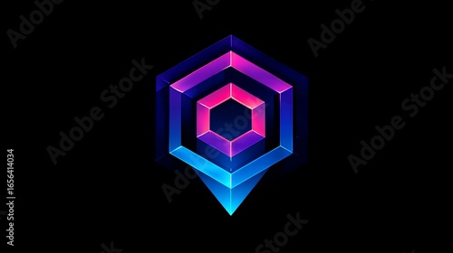 Futuristic, layered neon geometric shape on black. Rendered hexagon with pointed end