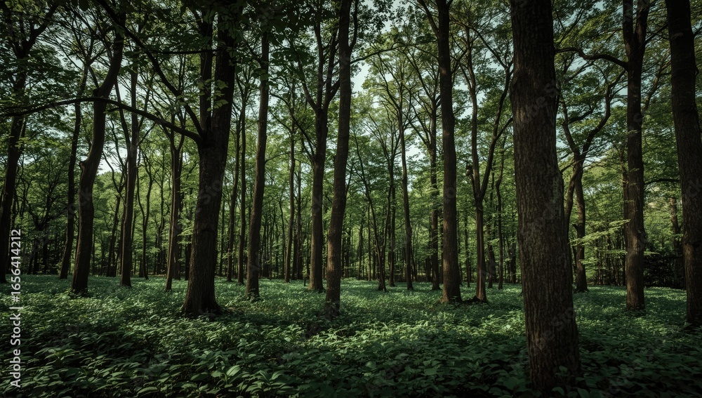 Naklejka premium Lush green forest floor dotted with tall trees.