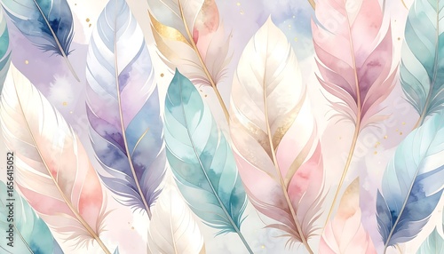 Delicate pastel feathers in a seamless pattern.