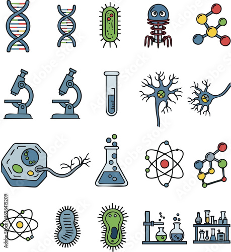 I need Science and Biology Vector Icon Set – Bacteria, Virus, DNA, Molecules, Microscope, Test Tube, Neuron, Cells, Flask, Beaker, Germs, Atom, Ameba, Laboratory And Other Icon
