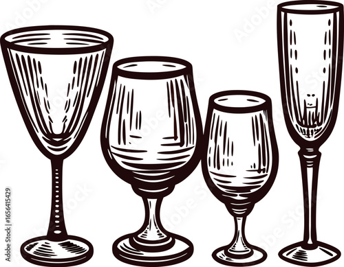 Vintage engraved illustration of four assorted drinking glasses including wine and champagne goblets on white background