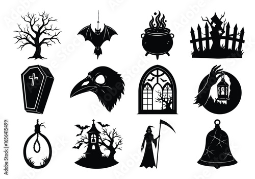 Collection of Halloween Silhouettes Featuring Spooky Elements and Gothic Illustrations