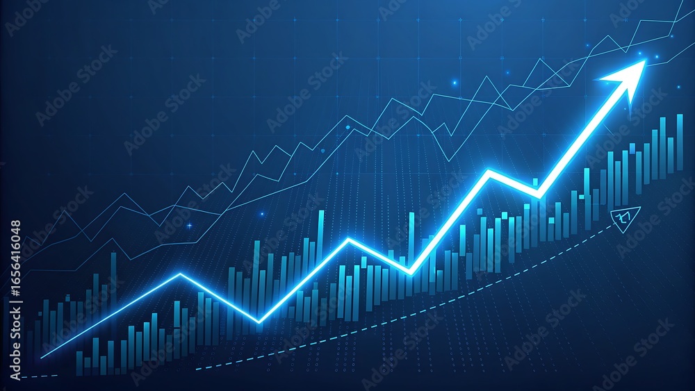 Fototapeta premium Ascending Arrow and Bar Graph Illustration on a Dark Blue Digital Background Showing Development.