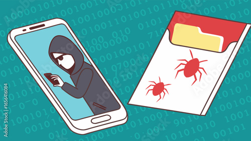 Smartphone Hacker and Computer Virus Illustration.