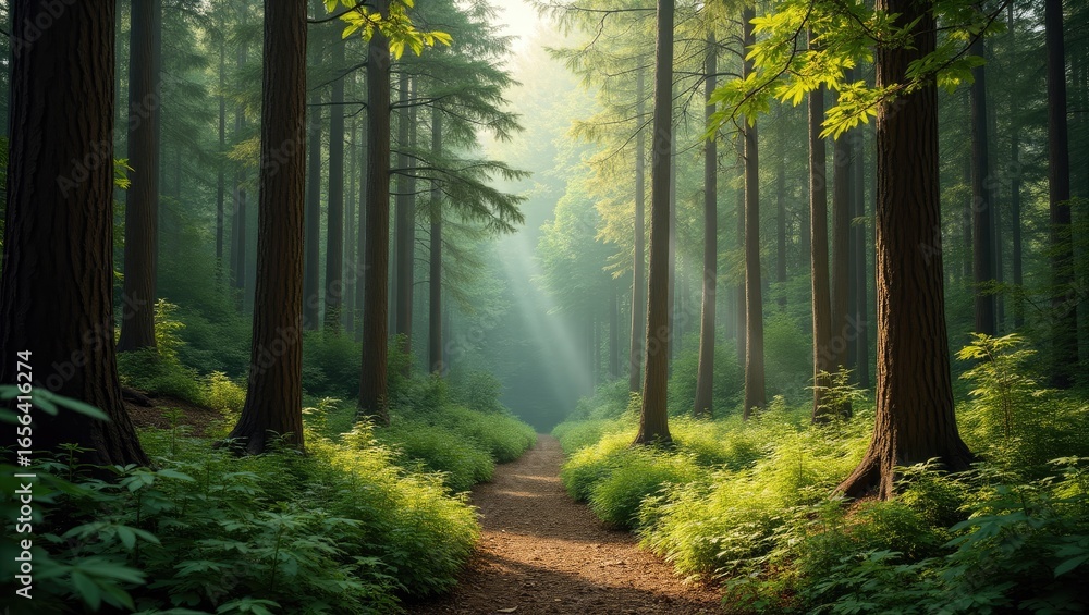 Obraz premium Sunbeams pierce a misty forest path.