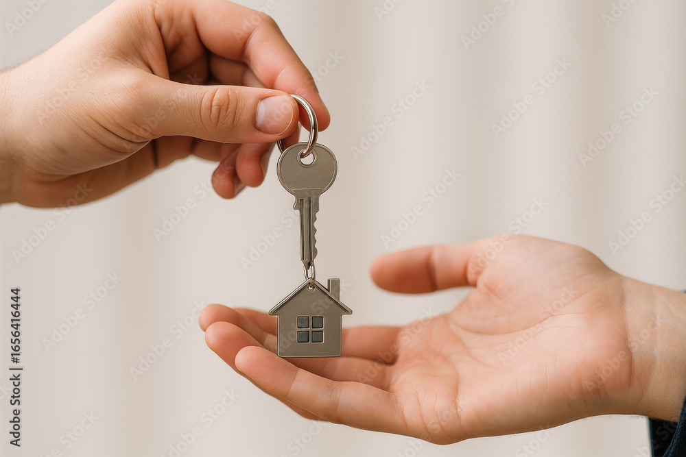 House key with keychain in shape of house being handed over with care House key with keychain in shape of house being handed over with care