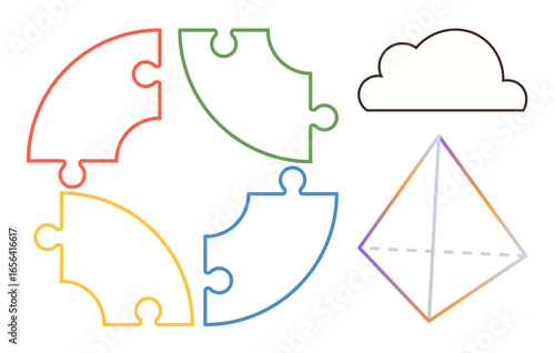 Circular puzzle pieces in primary colors, a minimalist cloud outline, geometric pyramid with subtle shading. Ideal for teamwork, strategy, creativity, learning, innovation, structure solutions