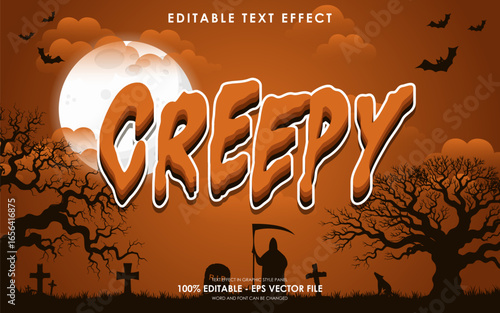Editable creepy halloween text effect with orange halloween theme background, gravestones, full moon