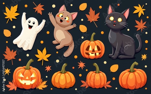 Wallpaper Mural Diverse autumn and Halloween-themed illustrations featuring a ghost, black cat, pumpkins, and foliage on a dark background. High quality Torontodigital.ca