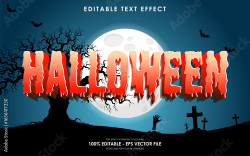 Editable happy halloween text effect with blue halloween theme background, gravestones, full moon