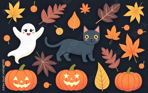 Diverse autumn and Halloween-themed illustrations featuring a ghost, black cat, pumpkins, and foliage on a dark background. High quality