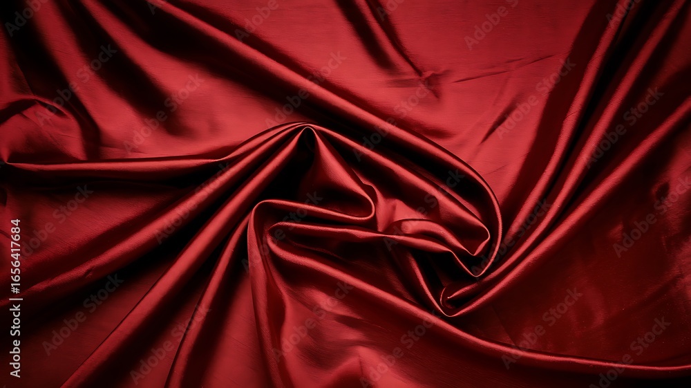 Fototapeta premium Product stand covered with red silk fabric. Stage.