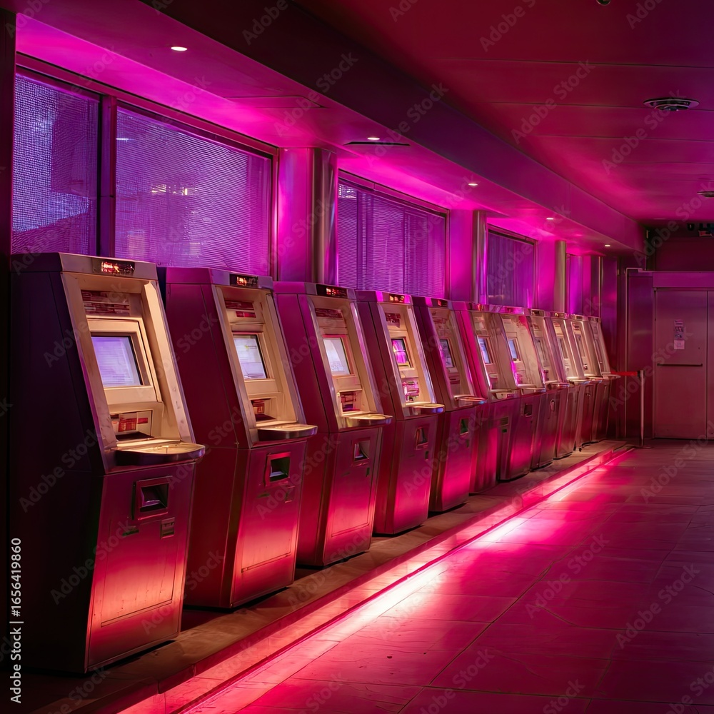 Fototapeta premium Row of banking machines bathed in vibrant magenta lighting, futuristic aesthetic