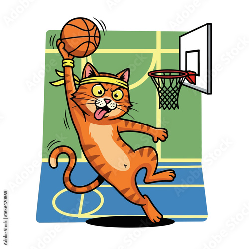 Cute orange cartoon kitten playing with a red ball and mouse in a funny vector illustration isolated on white