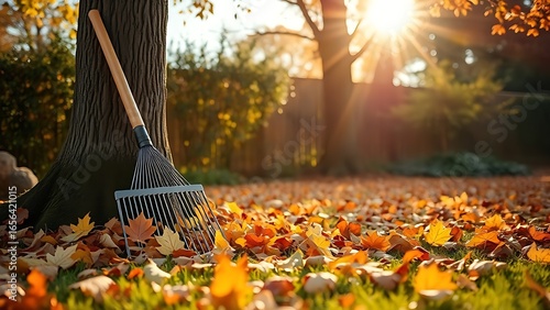 Photos Autumn garden with fallen leaves and a rake leaning against a tree, bathed in warm golden light