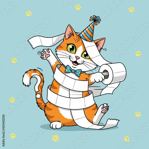 A funny cartoon vector illustration of a cute kitten and a happy mouse with a gift