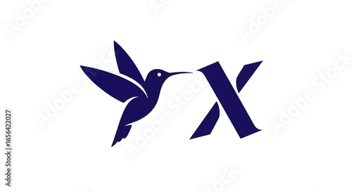Elegant dark blue hummingbird approaches stylized letter X on white background