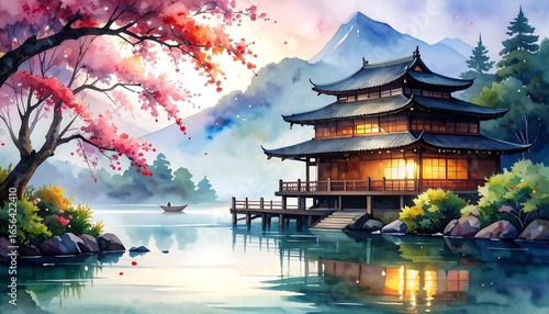 Serene asian temple by a tranquil lake.