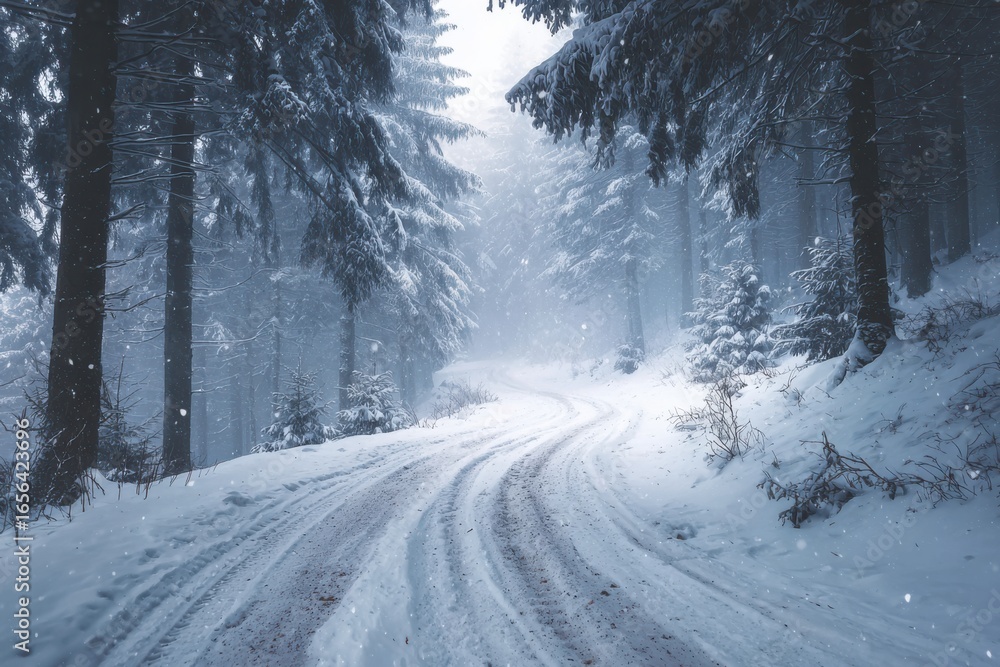 Serene Winter Pathway Through Majestic Snow-Covered Forest with Gentle Falling Snowflakes and Soft Lighting Serene Winter Pathway Through Majestic Snow-Covered Forest with Gentle Falling Snowflakes and Soft Lighting