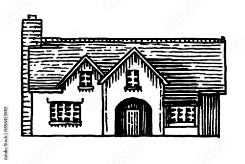 American or European house, French villa and mansion. Hand drawn, engraved building with one or two floors. Suburban Real estate property icon. Drawing