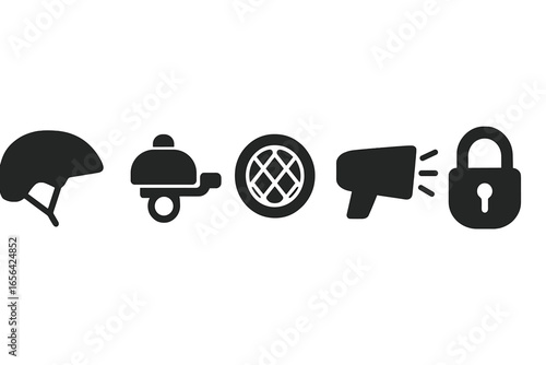 Bicycle accessories icons: helmet, bell, wheel, megaphone, lock