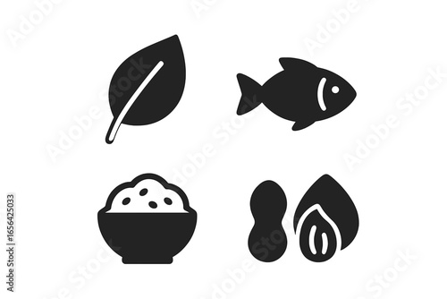 Food Icons: Leaf, Fish, Rice, Nuts, and Oil