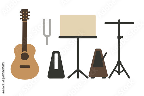 Musical instruments and equipment in a studio setting