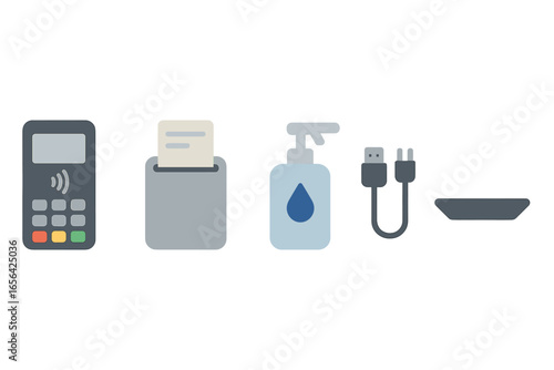 Payment terminal, printer, sanitizer, and cable icons