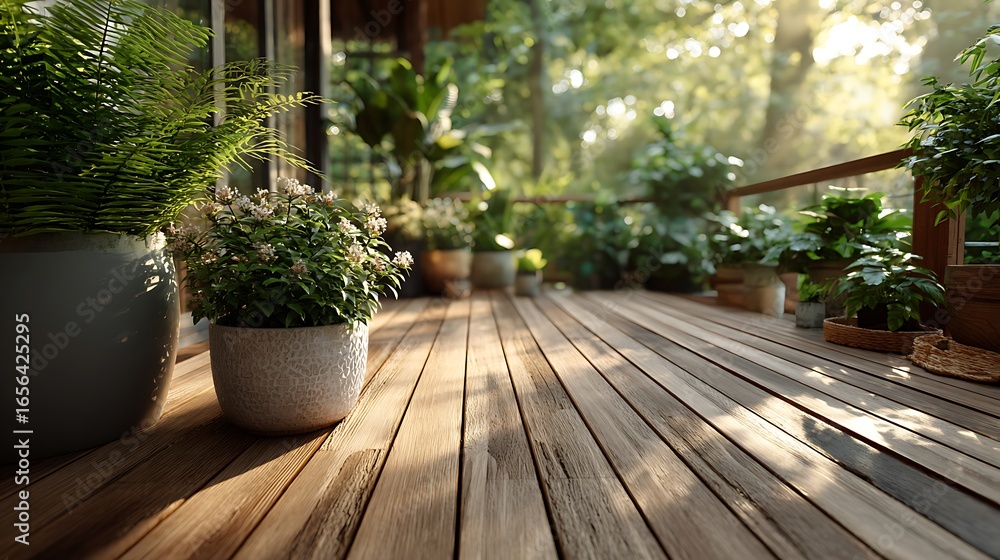 Fototapeta premium Sunlit wooden deck with potted plants and lush greenery isolated on white background