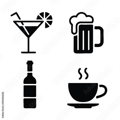 Drinks and beverages icon set, 4 icons cocktail glass, beer mug, wine bottle, tea cup. Chunky, solid black illustrations for menus