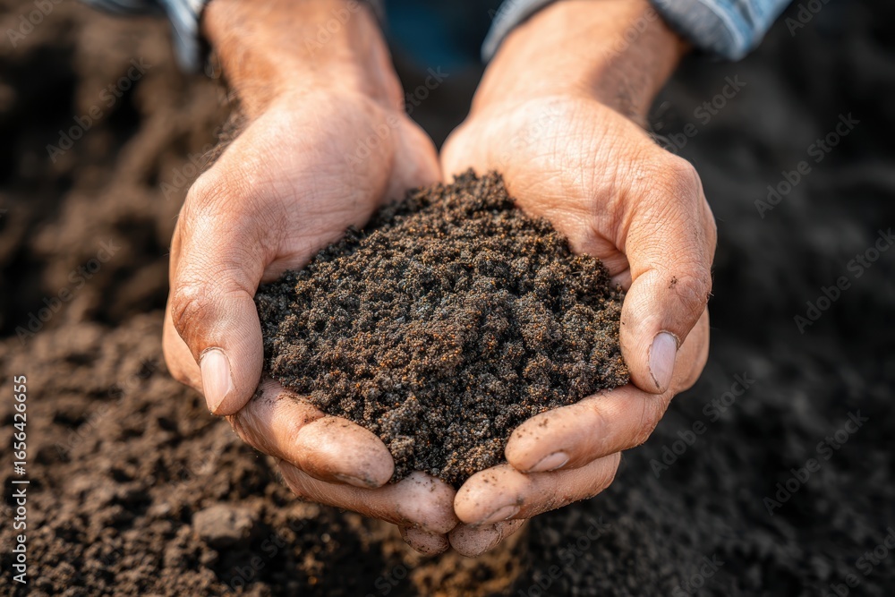 Top view of soil in hands for check the quality of the soil for control soil quality before seed plant. Future agriculture concept. Smart farming, using modern technologies in agriculture Top view of soil in hands for check the quality of the soil for control soil quality before seed plant. Future agriculture concept. Smart farming, using modern technologies in agriculture