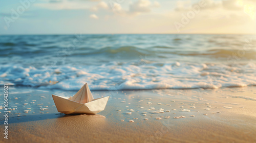 A paper boat on a sandy beach with a sea background, with beige and blue tones.