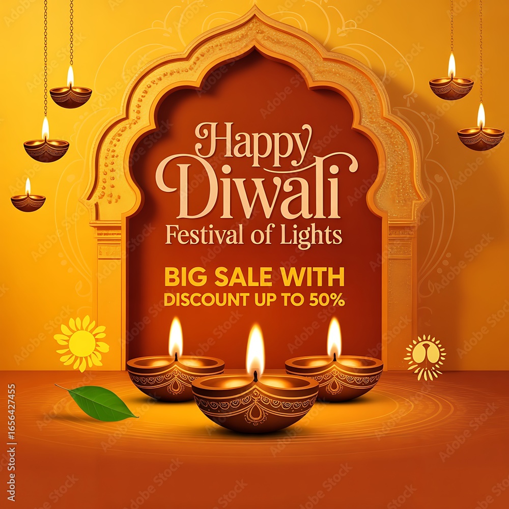 Naklejka premium Happy diwali festival of lights big sale with discount up to 50 and diya lamps