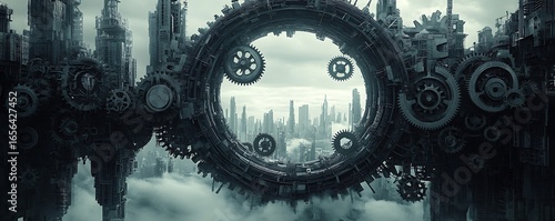 Hovering crank tunnels in inverted cities with recursive gear mechanisms industrial dreamscape in slate gray tones