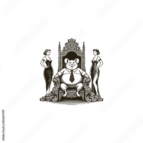fat rat in a tie sitting confidently on a royal throne, flanked by two glamorous women in evening gowns, with piles of coins at the base