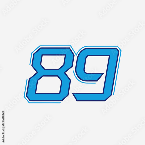 Blue number eighty-nine with black outline on a white background.